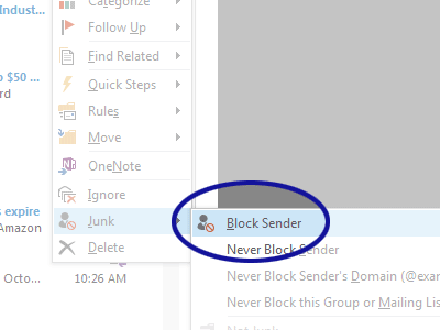 Outlook screenshot showing the Block Sender option under the right-click menu