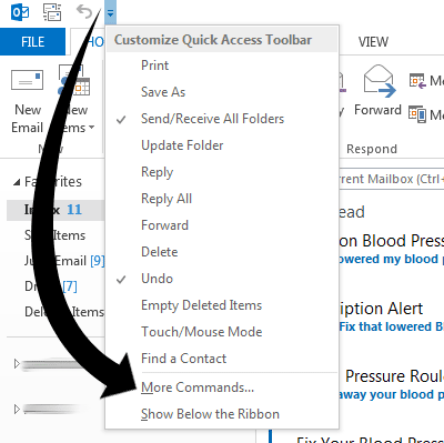Outlook screenshot showing how to get More Commands for the Quick Access Toolbar