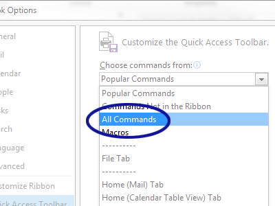 Outlook screenshot showing how to select the All Commands option