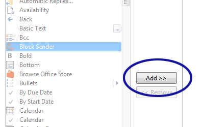 Outlook screenshot showing how to add the Block Sender option to the Quick Access Toolbar