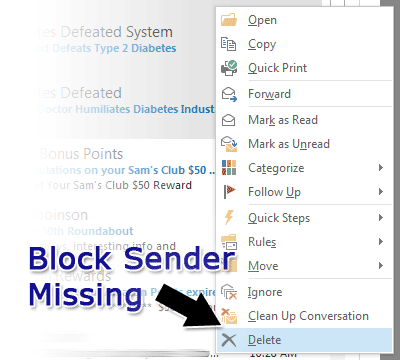 Outlook screenshot showing that the Block Sender feature is no longer available when multiple messages are selected