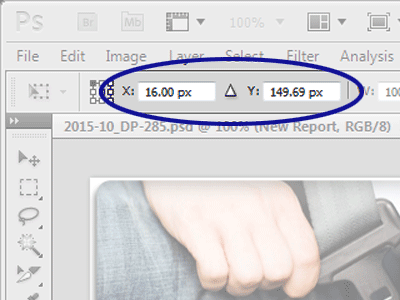 Photoshop screenshot showing the X, Y coordinates