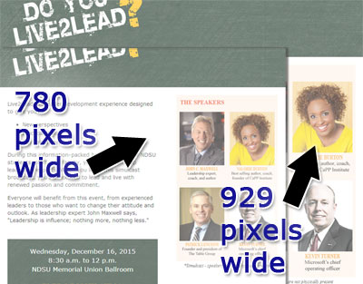 Screenshot comparing the website at 780 pixels wide and when viewed at 929 pixels wide