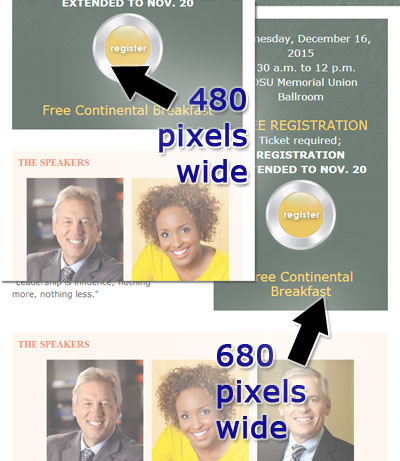 Screenshot comparing the website at 480 pixels wide and when viewed at 680 pixels wide