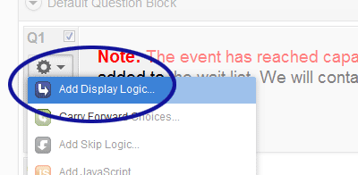 Qualtrics screenshot showing the Display Logic... option for questions