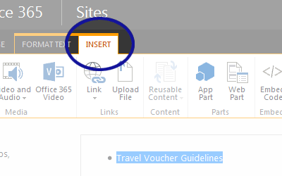 SharePoint screenshot showing the Insert tab