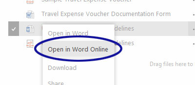 SharePoint screenshot showing the Open in Word Online option under the right-click menu
