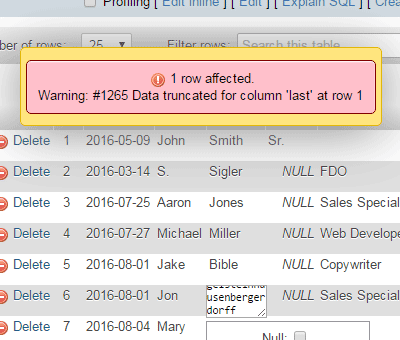 phpMyAdmin screenshot showing the error message displayed when a value exceeds the field limit