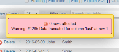 phpMyAdmin screenshot showing a broken error message