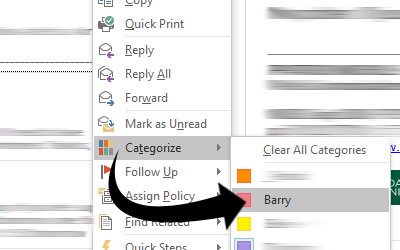 Outlook screenshot an email being categorized
