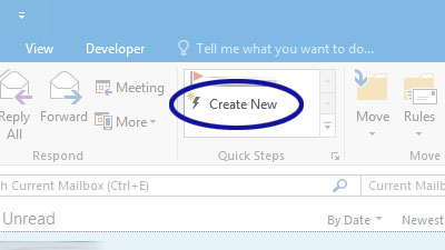 Outlook screenshot showing the option for creating a new Quick Step