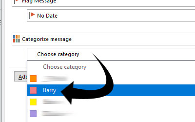 Outlook screenshot showing a category being added to a Quick Step