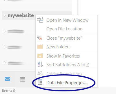 Outlook screenshot showing the Data File Properties... option