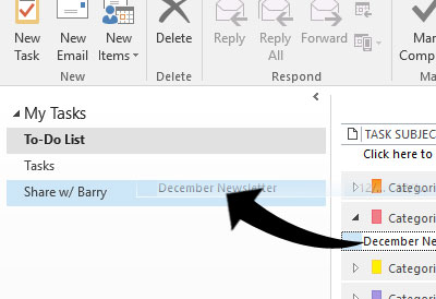 Outlook screenshot showing a task being drug into a shared task folder