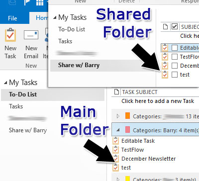 Outlook screenshot showing how the tasks appear in both the default and shared task folders
