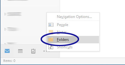 Outlook screenshot showing the Folders option being selected