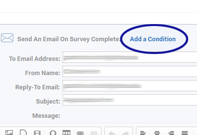 Qualtrics screenshot showing how to add a condition to an email trigger