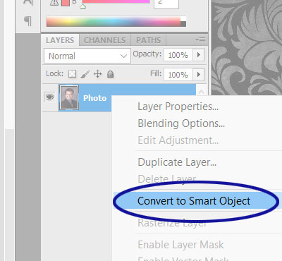 Photoshop screenshot showing how to a photo to a Smart Object