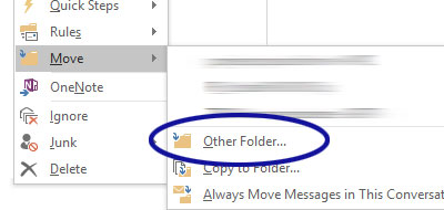 Outlook screenshot showing the "Other Folder..." option available under the right-click menu