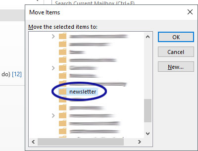 Outlook screenshot showing that the message will be moved to the "newsletter" folder
