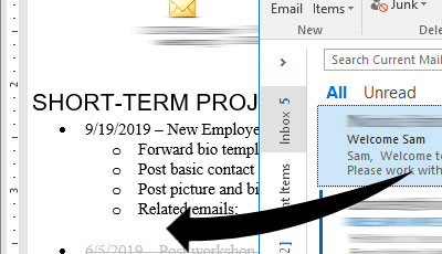 Screenshot showing how to drag an Outlook email to Word