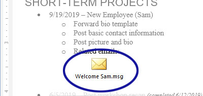 Word screenshot shows the embedded email icon